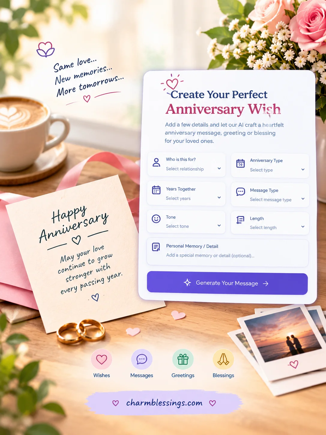 Free AI Anniversary Wish Generator by charmblessings.com
